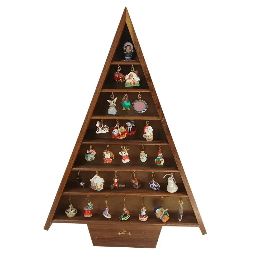 VTG 1988 Hallmark Wooden Shadow Box Christmas Tree Display with Mini Ornaments